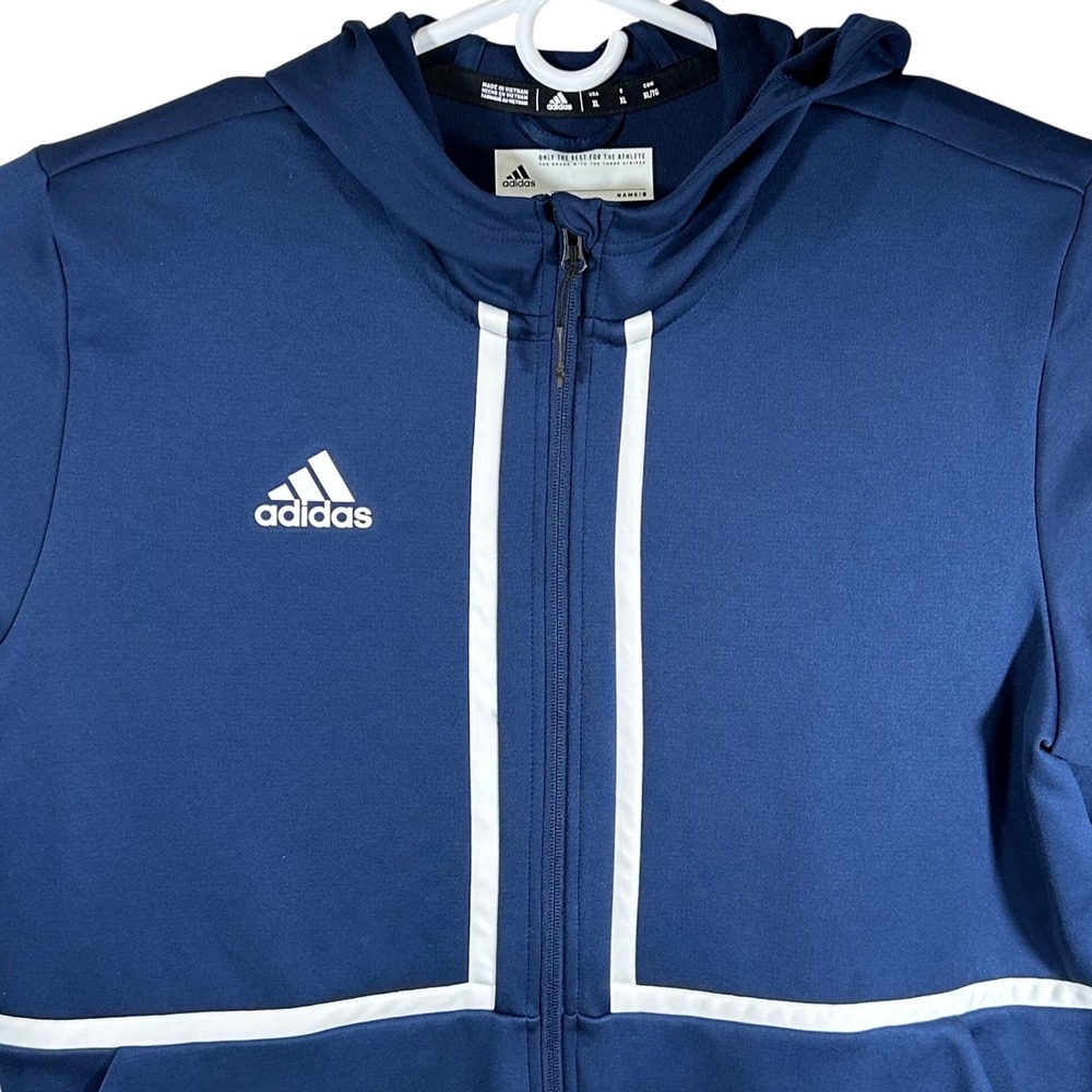 Adidas Mens XL Navy Blue Full Zip Hooded Track Jacket White Piping Athletic EUC